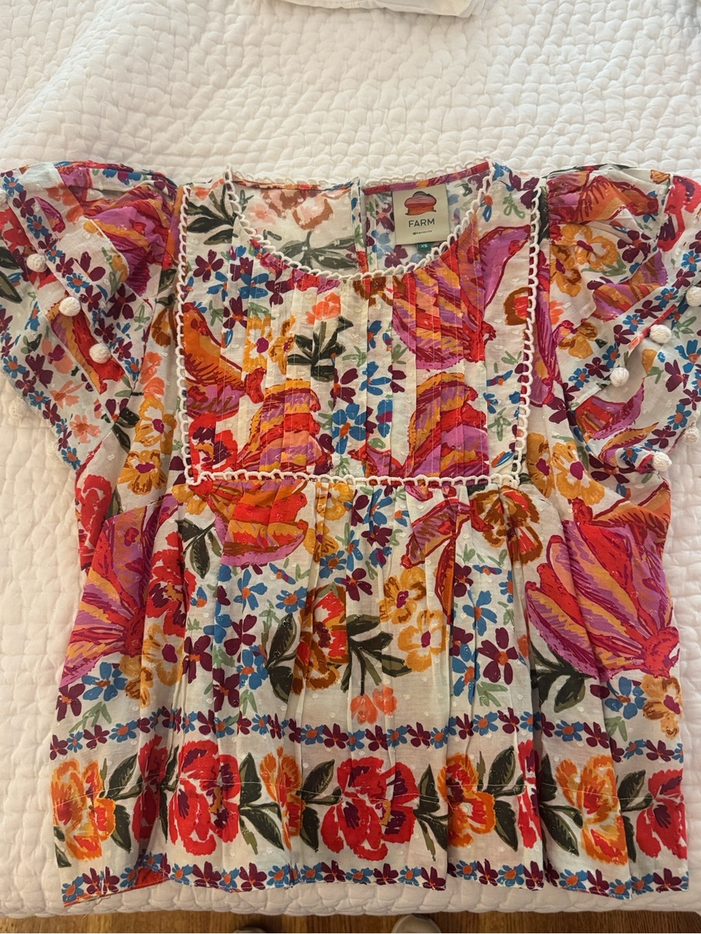 FARM Rio Vibrant Floral Embroidered Top — Pink, Red, Orange, Yellow, Blue, Green